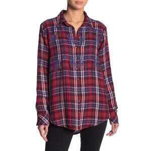 Free People Magic Plaid Flannel Buttondown Red Combo Size Small NWT